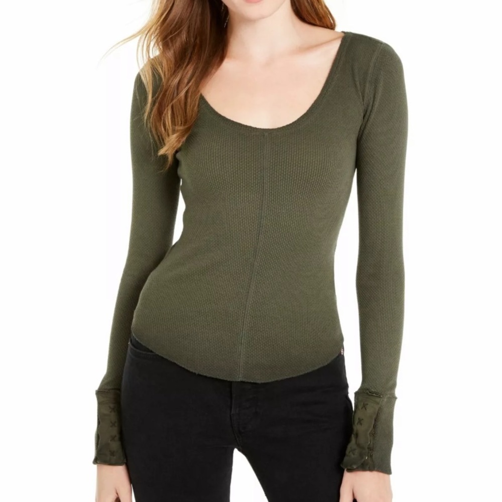 FREE PEOPLE Womens Green Waffle Knit Long Sleeve